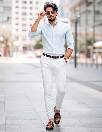 Light Blue Long Sleeve Shirt · White Chinos · Brown Leather Loafers · Dark Brown Leather Belt · Clear Sunglasses · Dark Brown Leather Watch