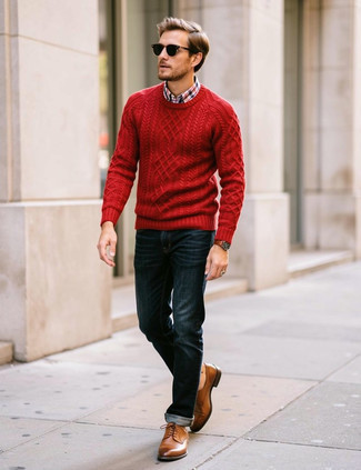 Red Cable Sweater · Multi colored Plaid Long Sleeve Shirt · Navy Jeans · Tan Leather Oxford Shoes · Dark Green Sunglasses · Brown Leather Watch