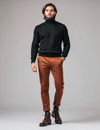 Black Knit Wool Turtleneck · Tobacco Chinos · Brown Leather Casual Boots · Silver Watch · Black Socks