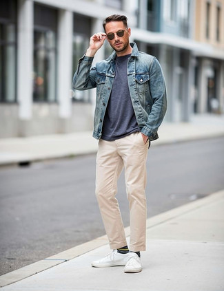 Blue Denim Jacket · Navy Crew-neck T-shirt · Beige Chinos · White Canvas Low Top Sneakers · Dark Brown Sunglasses · Navy Print Socks