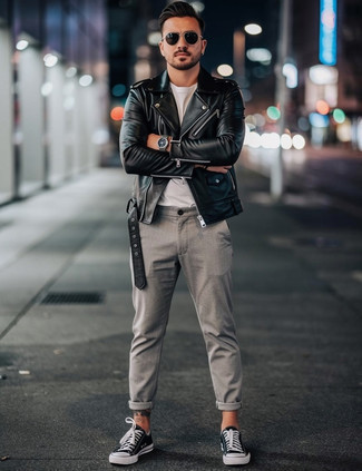 Black Leather Biker Jacket · White Crew-neck T-shirt · Grey Chinos · Black and White Canvas Low Top Sneakers · Black Sunglasses · Silver Watch