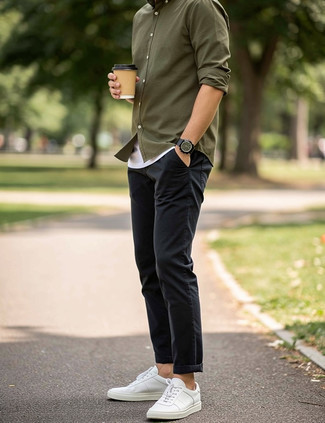 Olive Long Sleeve Shirt · White Crew-neck T-shirt · Navy Chinos · White Canvas Low Top Sneakers · Black Watch
