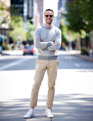 Grey Crew-neck Sweater · Light Blue Long Sleeve Shirt · Beige Chinos · White Canvas Low Top Sneakers · Black Sunglasses · Silver Watch