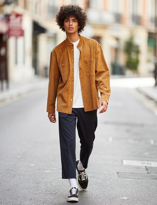 Tobacco Long Sleeve Shirt · White Crew-neck T-shirt · Navy Chinos · Black and White Canvas Low Top Sneakers · White Socks