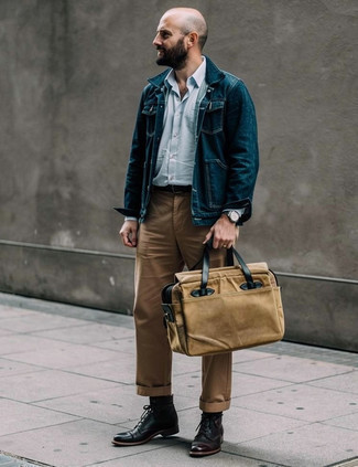 Navy Denim Jacket · Light Blue Vertical Striped Long Sleeve Shirt · Khaki Chinos · Dark Brown Leather Casual Boots · Tan Canvas Briefcase · Silver Watch