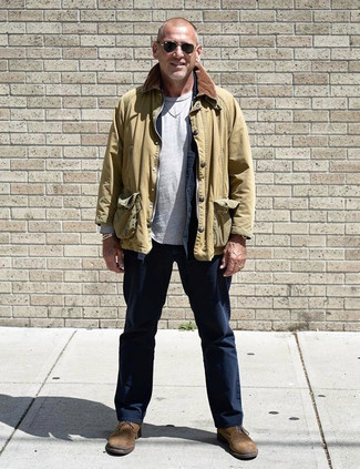 Tan Barn Jacket · Navy Shawl Cardigan · Grey Crew-neck T-shirt · Navy Chinos · Tan Suede Casual Boots · Black Sunglasses
