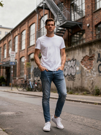 White Crew-neck T-shirt · Blue Jeans · White Canvas Low Top Sneakers