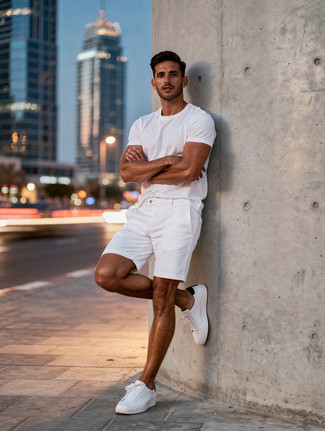 White Crew-neck T-shirt · White Shorts · White Canvas Low Top Sneakers