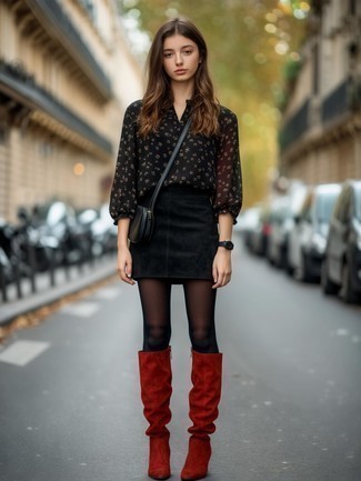 Black Print Peasant Blouse · Black Suede Mini Skirt · Red Suede Over The Knee Boots · Black Leather Crossbody Bag · Black Leather Watch · Black Wool Tights