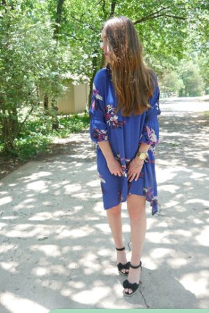 Blue Floral Swing Dress · Black Canvas Wedge Sandals · Gold Watch