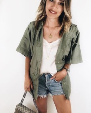 Olive Military Jacket · White Silk Tank · Light Blue Denim Shorts · Beige Print Canvas Satchel Bag · Gold Pendant · Silver Watch