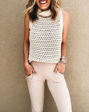 White Knit Sleeveless Top · Beige Sweatpants · Silver Bracelet · Silver Watch