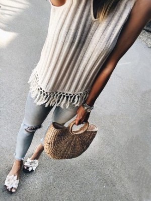 White Knit Tank · Light Blue Ripped Skinny Jeans · White Floral Canvas Flat Sandals · Tan Straw Tote Bag · Silver Watch