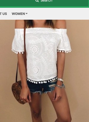 White Eyelet Off Shoulder Top · Blue Ripped Denim Shorts · Brown Leather Crossbody Bag · Silver Watch · Silver Bracelet · White Beaded Earrings