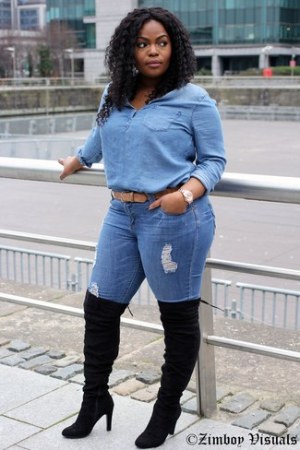 Light Blue Denim Button Down Blouse · Blue Ripped Skinny Jeans · Black Suede Over The Knee Boots · Tan Leather Belt · Silver Watch