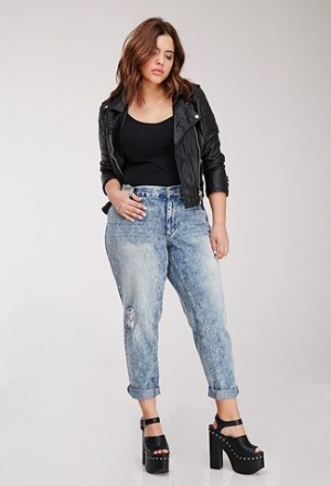 Black Quilted Leather Biker Jacket · Black Tank · Light Blue Ripped Boyfriend Jeans · Black Chunky Leather Heeled Sandals