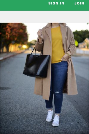 Camel Coat · Yellow Short Sleeve Blouse · Navy Ripped Skinny Jeans · White Canvas Low Top Sneakers · Black Leather Tote Bag · Black Sunglasses