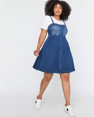 Blue Denim Overall Dress · White Crew-neck T-shirt · White Leather Low Top Sneakers