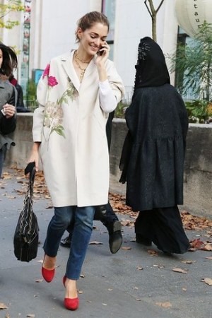 White Embroidered Coat · Navy Jeans · Red Suede Pumps · Black Leather Tote Bag · Gold Necklace