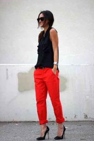 Black Silk Sleeveless Button Down Shirt · Red Chinos · Black Leather Pumps · Black Leather Belt · Black Sunglasses · Silver Watch