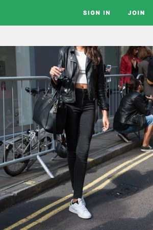 Black Leather Biker Jacket · White Cropped Top · Black Skinny Jeans · White Leather Low Top Sneakers · Black Leather Tote Bag · Black No Show Socks