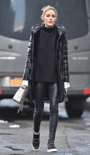 Black Puffer Coat · Black Knit Oversized Sweater · White Dress Shirt · Black Leather Skinny Pants · Black Wedge Sneakers · White Leather Satchel Bag