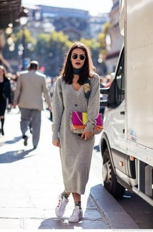 Grey Sweater Dress · White Leather Low Top Sneakers · Multi colored Leather Satchel Bag · Teal Print Silk Scarf · Gold Sequin Socks · Black Sunglasses