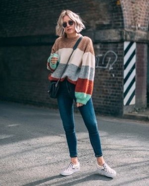 Multi colored Horizontal Striped Oversized Sweater · Teal Skinny Jeans · White and Black Check Slip-on Sneakers · Black Quilted Leather Crossbody Bag · Black Sunglasses