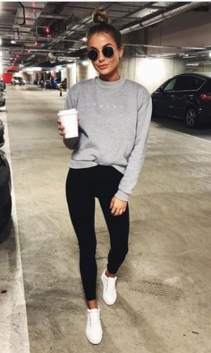Grey Sweatshirt · Black Skinny Pants · White Low Top Sneakers · Black Sunglasses