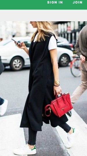 Black Sleeveless Coat · Black Cami Dress · White Crew-neck T-shirt · Black Skinny Jeans · White Leather Low Top Sneakers · Red Leather Tote Bag