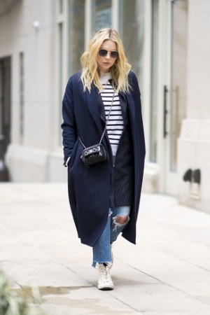 Navy Coat · Black Vertical Striped Blazer · White and Black Horizontal Striped Crew-neck Sweater · Blue Ripped Jeans · White Canvas High Top Sneakers · Black Quilted Leather Crossbody Bag