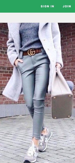 Grey Coat · Grey Crew-neck Sweater · Grey Leather Skinny Pants · Grey Suede Low Top Sneakers · White Leather Tote Bag · Dark Brown Leather Belt