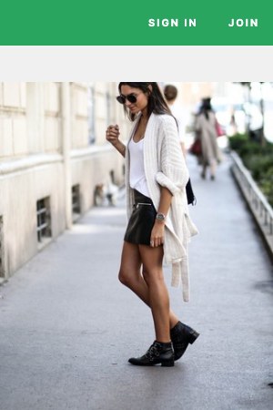 White Knit Open Cardigan · White Tank · Black Leather Mini Skirt · Black Studded Leather Ankle Boots · Black Sunglasses · Silver Watch