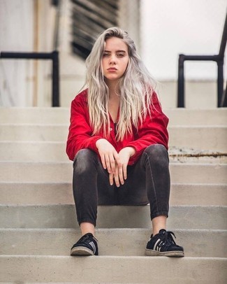 Red Windbreaker · Charcoal Skinny Jeans · Black Low Top Sneakers