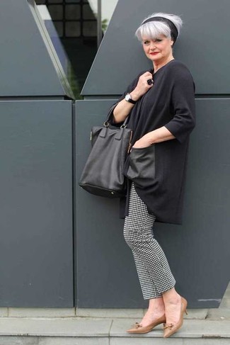 Charcoal Tunic · Black and White Houndstooth Skinny Pants · Brown Leather Pumps · Black Leather Tote Bag · Black Headband · Black Leather Watch