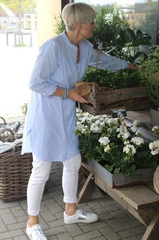 Light Blue Linen Tunic · White Chinos · White Leather Low Top Sneakers