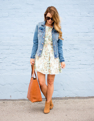 Blue Denim Jacket · Mint Floral Fit and Flare Dress · Tan Suede Ankle Boots · Tobacco Leather Tote Bag · Black Sunglasses