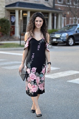 Black Floral Off Shoulder Dress · Black Leather Pumps · Charcoal Suede Clutch · Black Ceramic Watch
