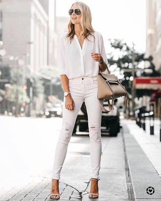 White Silk Button Down Blouse · White Ripped Skinny Jeans · Beige Leather Heeled Sandals · Tan Leather Tote Bag · Charcoal Sunglasses · Gold Watch