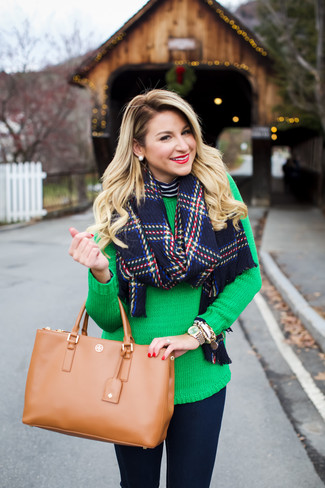 Navy and White Horizontal Striped Turtleneck · Green Crew-neck Sweater · Navy Skinny Jeans · Tan Leather Tote Bag · Navy Plaid Scarf · Gold Watch