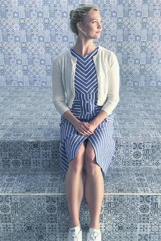 White Cardigan · Blue Vertical Striped Midi Dress · White Low Top Sneakers