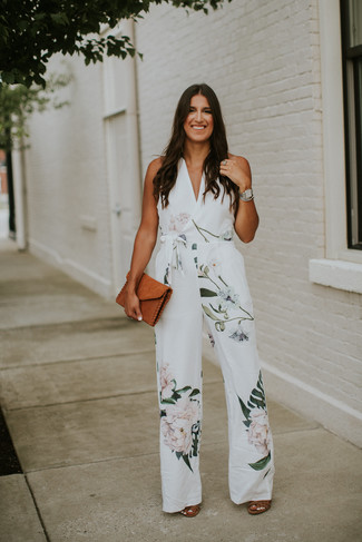 White Floral Jumpsuit · Brown Leather Heeled Sandals · Tobacco Leather Clutch · Silver Watch
