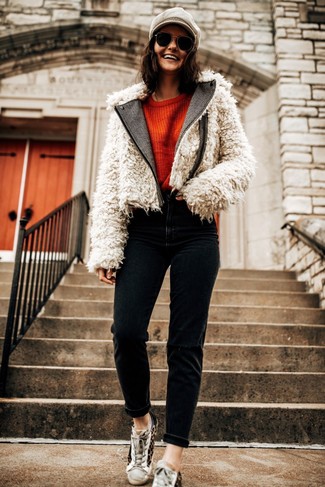 White Fur Jacket · Orange Crew-neck Sweater · Black Boyfriend Jeans · Tan Leopard Low Top Sneakers · Beige Flat Cap · Black Sunglasses