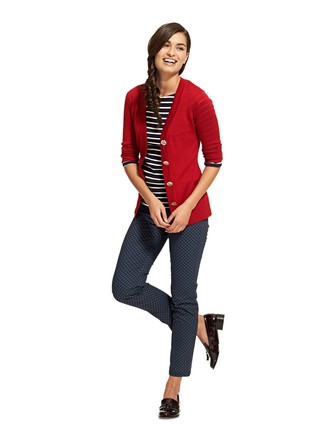 Red Cardigan · Black and White Horizontal Striped Long Sleeve T-shirt · Navy Print Skinny Pants · Black Leather Tassel Loafers