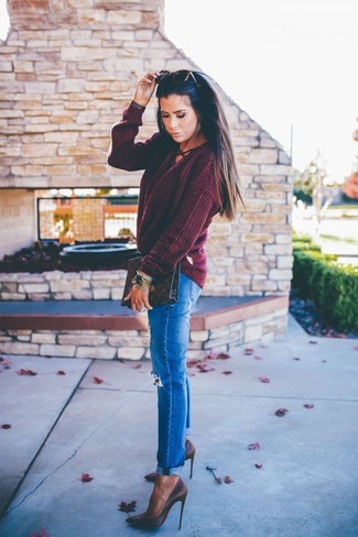 Burgundy Cable Sweater · Blue Ripped Jeans · Dark Brown Leather Pumps · Dark Brown Print Leather Clutch · Dark Brown Leopard Sunglasses · Gold Watch
