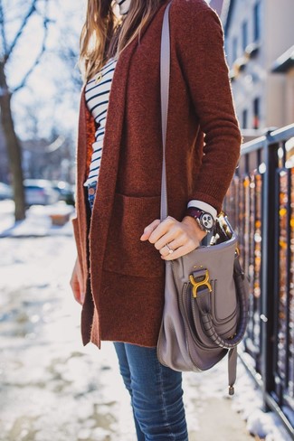 Tobacco Open Cardigan · White and Navy Horizontal Striped Turtleneck · Navy Skinny Jeans · Grey Leather Crossbody Bag · Gold Pendant · Burgundy Leather Watch