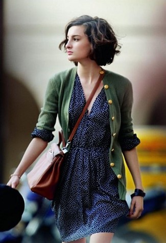 Dark Green Cardigan · Navy Polka Dot Skater Skirt · Tobacco Leather Crossbody Bag · Black Leather Watch