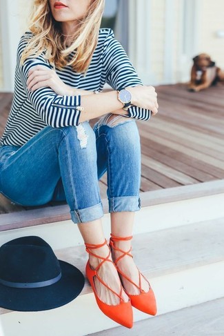 White and Navy Horizontal Striped Long Sleeve T-shirt · Blue Ripped Skinny Jeans · Orange Leather Ballerina Shoes · Navy Wool Hat · Navy Leather Watch