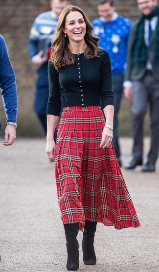 Black Cardigan · Red Plaid Midi Skirt · Black Suede Knee High Boots · Silver Watch