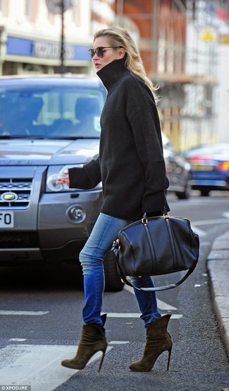 Black Oversized Sweater · Blue Skinny Jeans · Olive Suede Ankle Boots · Black Leather Duffle Bag · Dark Brown Sunglasses